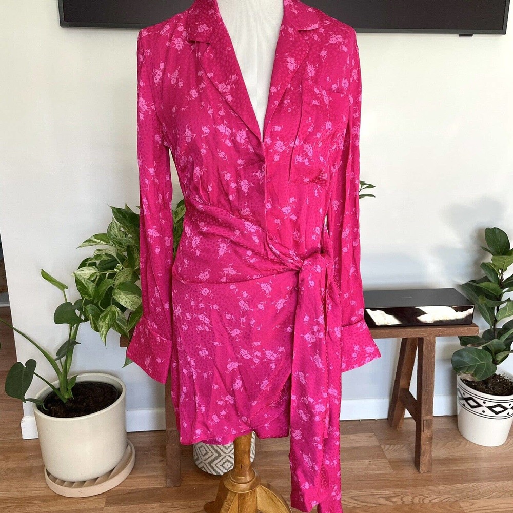 Acler Evanston Satin Wrap Mini Fuchsia Pink Dress - Picture 4 of 8